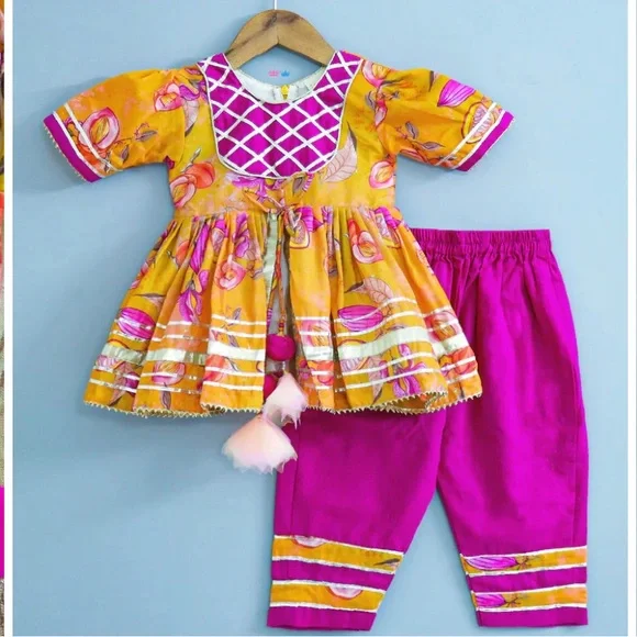 RARE Lil Glam - Orange Floral Printed & Lace Detailing Peplum Top - Size 1-2 - Picture 1 of 9